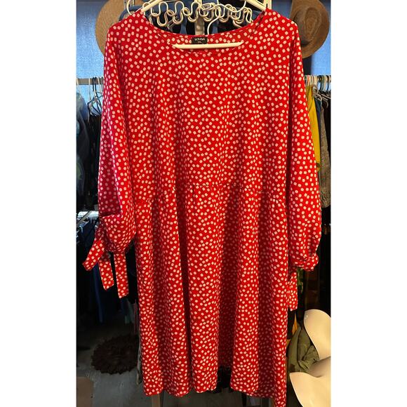 Red & White Floral Print Dress – Vintage Charm with Tie-Sleeves; Size 3XL - Picture 1 of 4